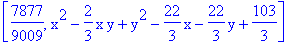 [7877/9009, x^2-2/3*x*y+y^2-22/3*x-22/3*y+103/3]